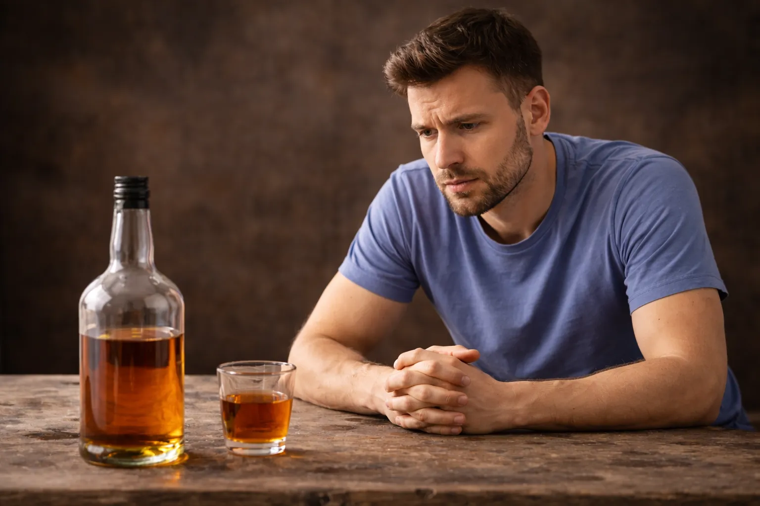 Трезвый мужчина пьет виски среди пустых бутылок